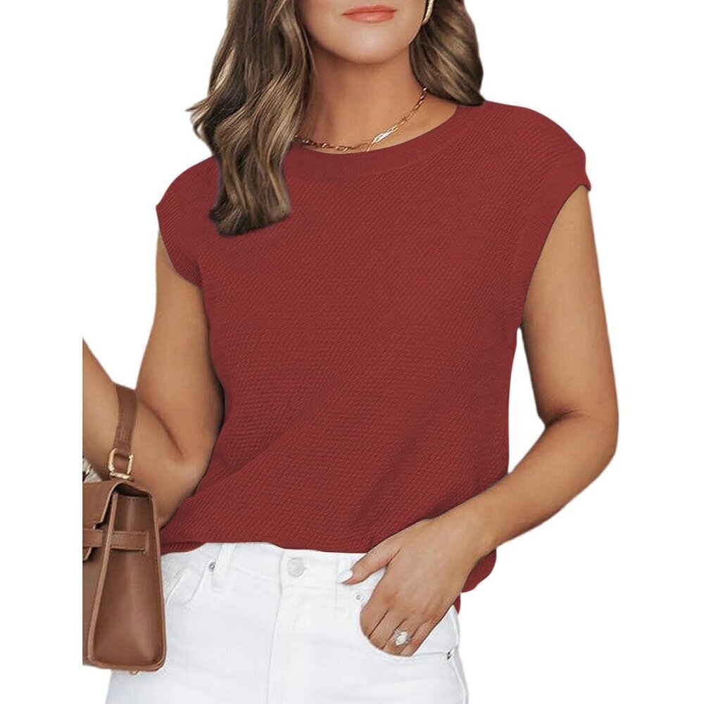 Women Summer Knit Sweater Vest Crew Neck Cap Sleeve Casual Top